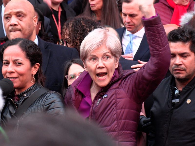Elizabeth Warren speaks at a protest in front of the US Department of the Treasury building on Feb. 4, 2025.