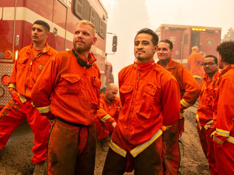 Incarcerated firefighters from Eel River Conservation Camp continue to tackle the Caldor Fire as the fires footprint continues to expand southwest of the Lake Tahoe Basin on Friday, Aug. 27, 2021 in Strawberry, CA. Jason Armond / Los Angeles Times via Getty Images