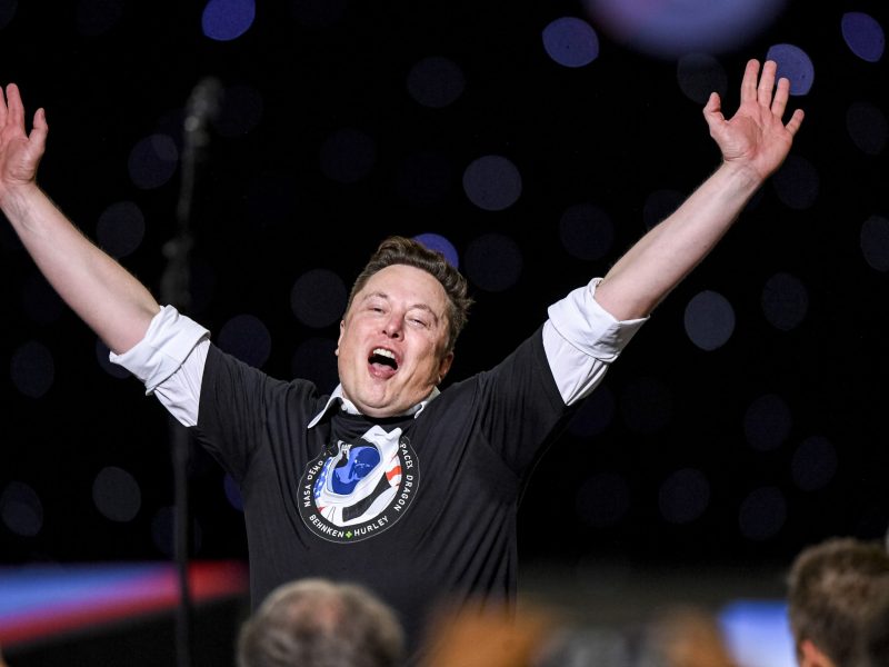 KENNEDY SPACE CENTER, FL - MAY 30: SpaceX founder Elon Musk jumps for joy at a gathering following NASA commercial crew astronauts Doug Hurley (L) and Bob Behnken blast off from historic Launch Complex 39A aboard the SpaceX Falcon 9 rocket in the crew Dragon capsule bound for the International Space Station. Photo by Jonathan Newton/The Washington Post via Getty Images