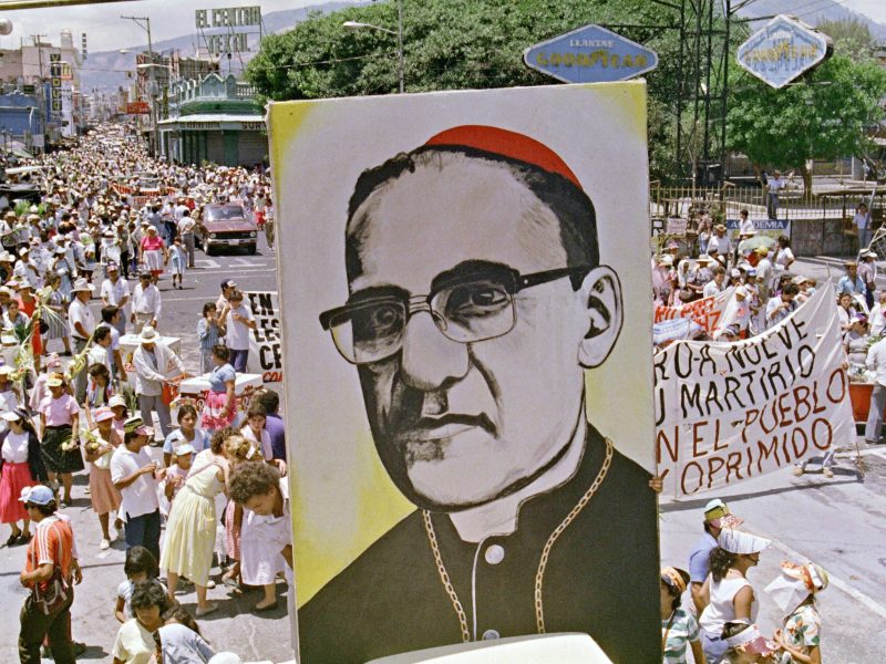 Members of the Committee of Mothers of Missing and Political Detainees march through San Salvador central streets 24 March 1989 to mark the 9th anniversary of Monsignor Oscar Romero assassination. Photo by IVAN MONTECINOS/AFP via Getty Images.