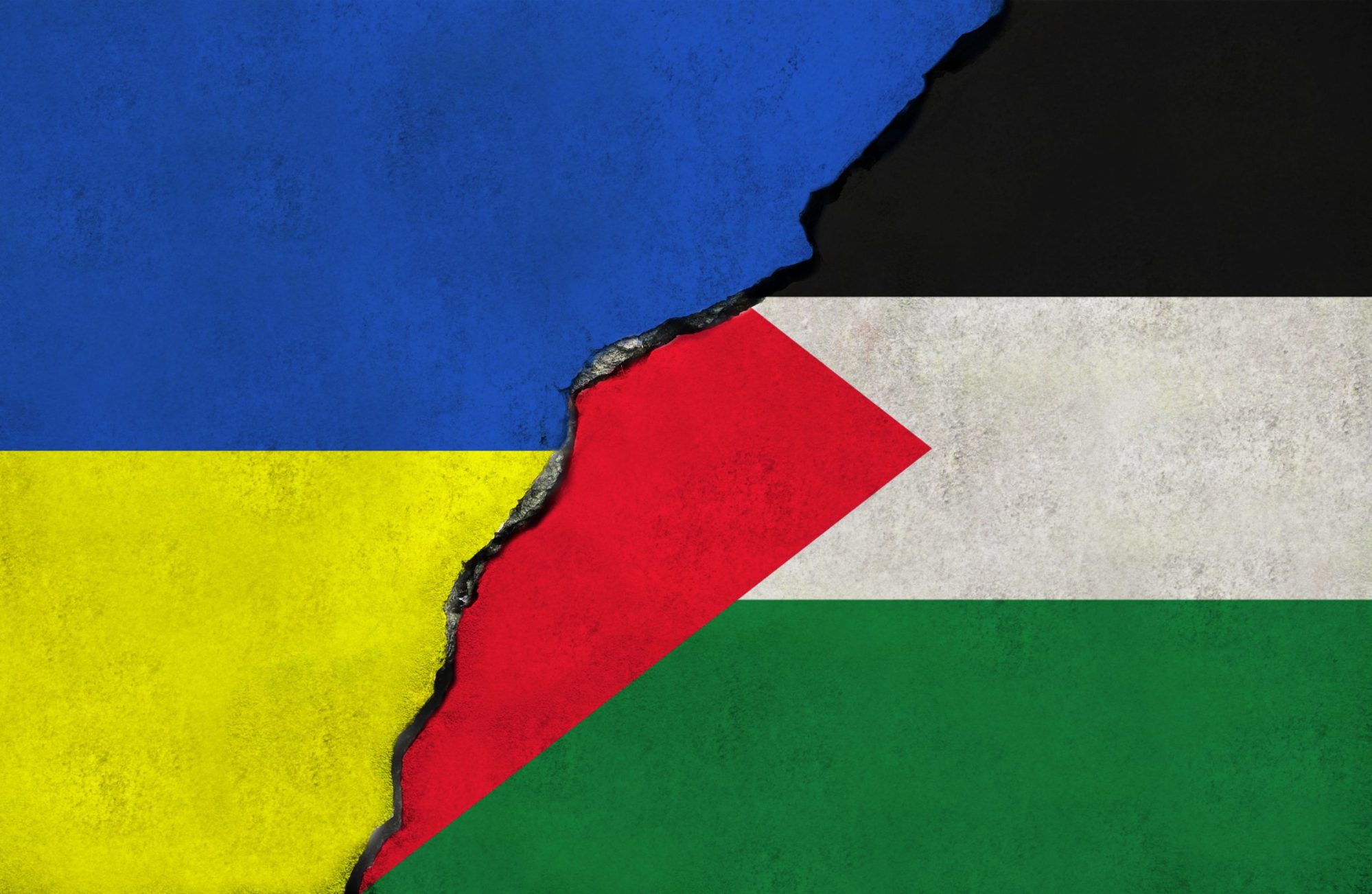 Ukraine and Palestine flag together via Getty Images