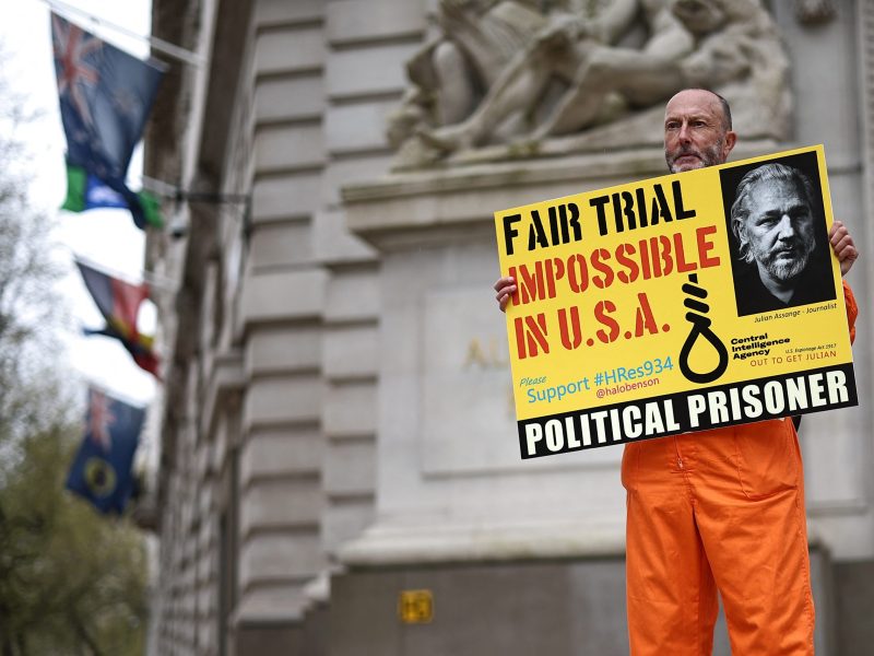 A supporter of WikiLeaks founder Julian Assange protests outside the Australian High Commission in central London on April 10, 2024, on the eve of the fifth anniversary of his arrest by British police. Photo by HENRY NICHOLLS/AFP via Getty Images