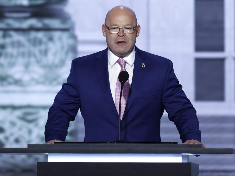 President of the International Brotherhood of Teamsters Sean O’Brien speaks on stage on the first day of the Republican National Convention at the Fiserv Forum on July 15, 2024 in Milwaukee, Wisconsin. Photo by Chip Somodevilla/Getty Images