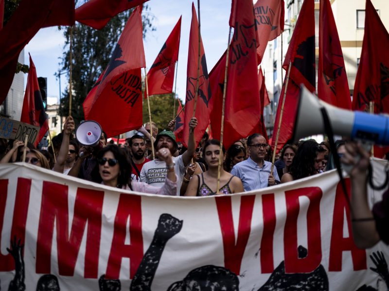 Thousands of people take to the streets in Lisbon, Portugal, on October 28, 2023, to demand better living conditions and lower housing prices. Photo by Nuno Cruz/NurPhoto via Getty Images