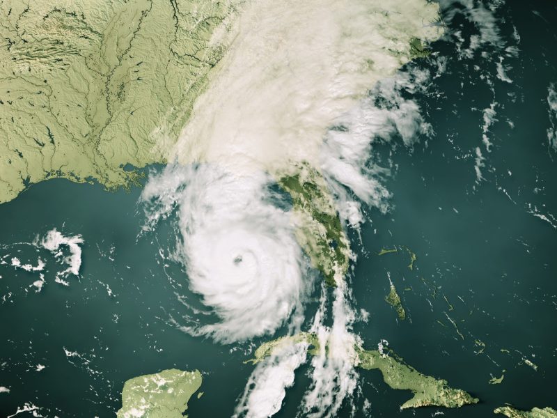 3D Render of a Topographic Map of the Caribbean Sea with the clouds from September 26, 2024. Category 4 Major Hurricane Helene approaching Big Bend of Florida. Global Imagery Browse Services (GIBS) courtesy of NASA, GOES data courtesy of NOAA.