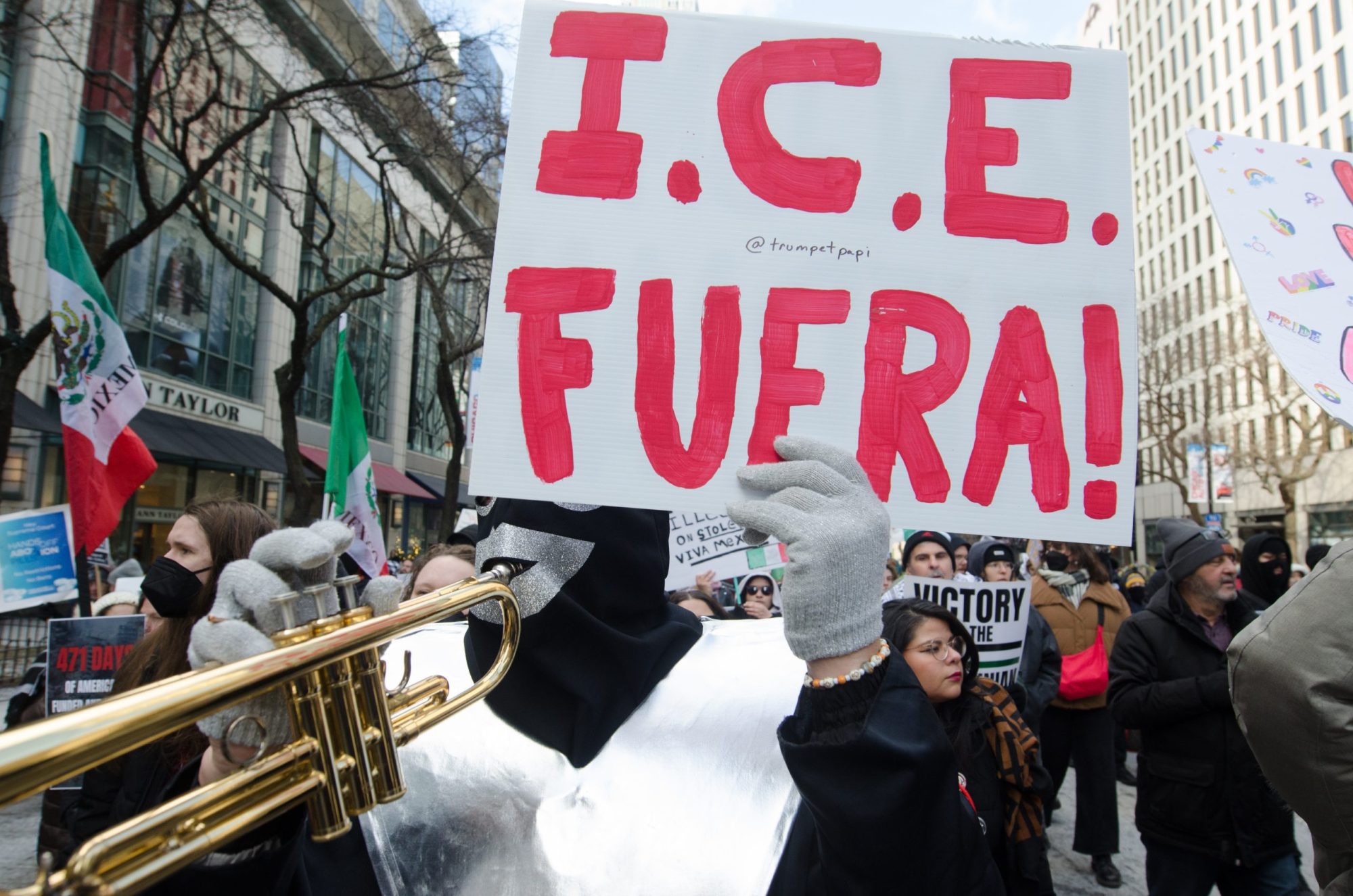Protesters gather for a rally and march to Trump Tower, demanding an end to violence in Gaza and a halt to deportation plans in Chicago, Illinois, United States on January 25, 2025. Photo by Jacek Boczarski/Anadolu via Getty Images