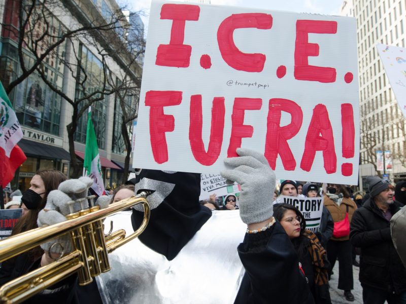 Protesters gather for a rally and march to Trump Tower, demanding an end to violence in Gaza and a halt to deportation plans in Chicago, Illinois, United States on January 25, 2025. Photo by Jacek Boczarski/Anadolu via Getty Images