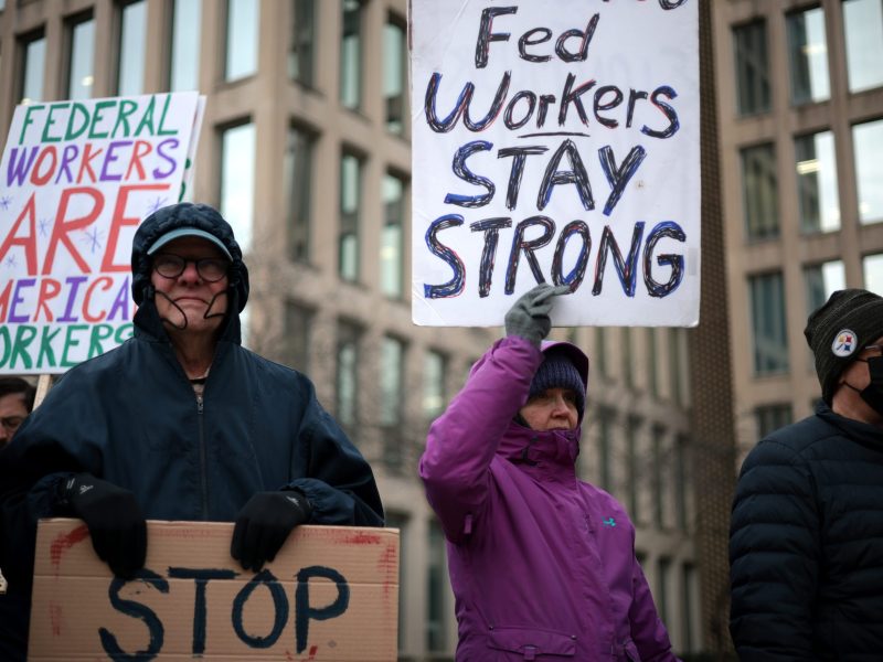 Protesters rally outside of the Theodore Roosevelt Federal Building headquarters of the U.S. Office of Personnel Management on February 05, 2025 in Washington, DC. Photo by Alex Wong/Getty Images