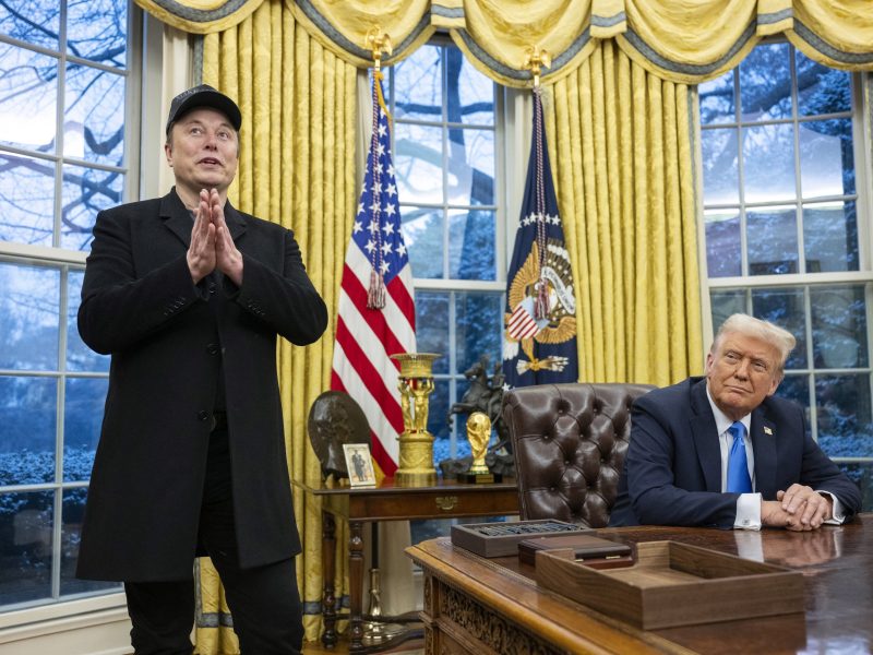 Elon Musk speaks as US President Donald Trump looks on in the Oval Office of the White House in Washington, DC, on February 11, 2025. Photo by JIM WATSON/AFP via Getty Images