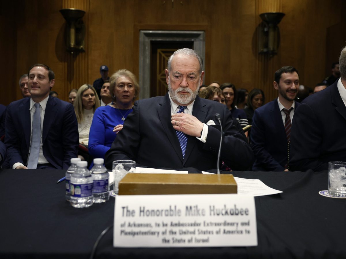 Former Arkansas Gov. Mike Huckabee, U.S. President Donald Trump's nominee to be ambassador to Israel, arrives to testify during his Senate Foreign Relations Committee confirmation hearing at the Dirksen Senate Office Building on March 25, 2025 in Washington, DC. Photo by Kevin Dietsch/Getty Images