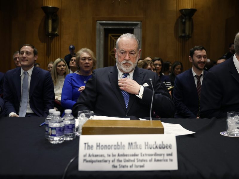 Former Arkansas Gov. Mike Huckabee, U.S. President Donald Trump's nominee to be ambassador to Israel, arrives to testify during his Senate Foreign Relations Committee confirmation hearing at the Dirksen Senate Office Building on March 25, 2025 in Washington, DC. Photo by Kevin Dietsch/Getty Images