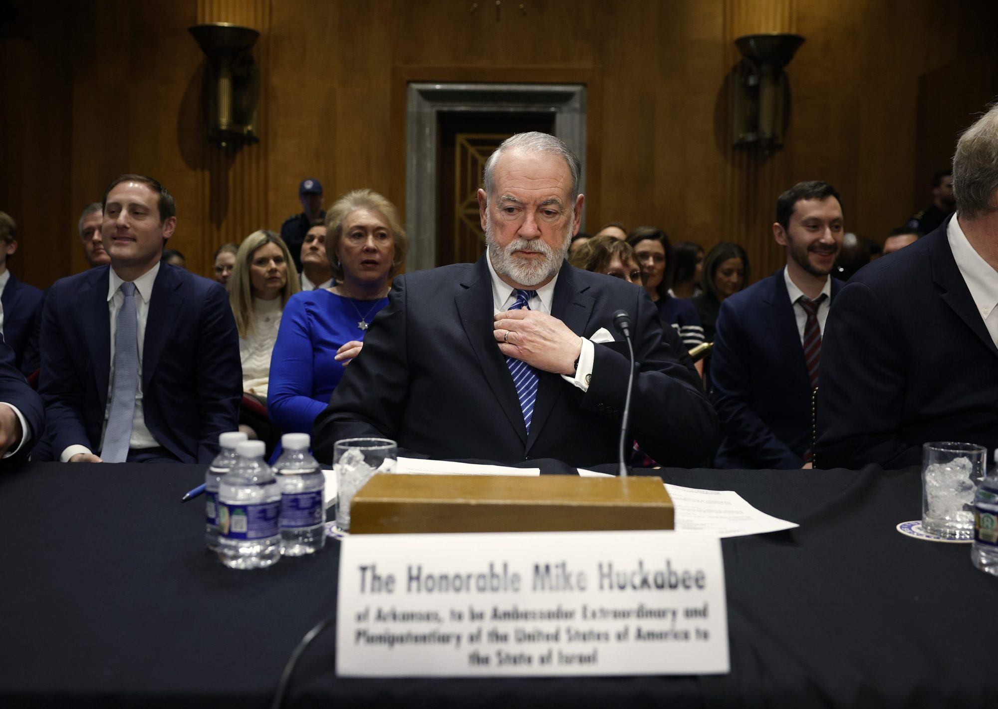 Former Arkansas Gov. Mike Huckabee, U.S. President Donald Trump's nominee to be ambassador to Israel, arrives to testify during his Senate Foreign Relations Committee confirmation hearing at the Dirksen Senate Office Building on March 25, 2025 in Washington, DC. Photo by Kevin Dietsch/Getty Images