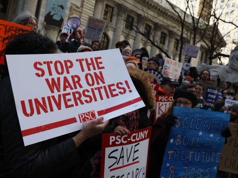 Protesters rally in Manhattan to demand an end to cuts in science, research, education and other areas by the Trump administration on April 08, 2025 in New York City. Photo by Spencer Platt/Getty Images