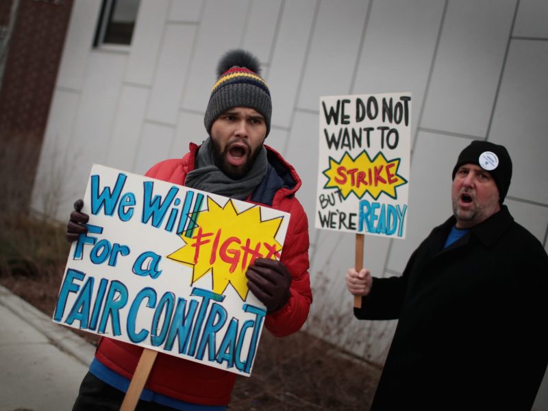 Unionized teachers with ASPIRA charter school network rally outside an ASPIRA high school to convince the company's management to come to terms on a contract on March 9, 2017 in Chicago, Illinois. Photo by Scott Olson/Getty Images