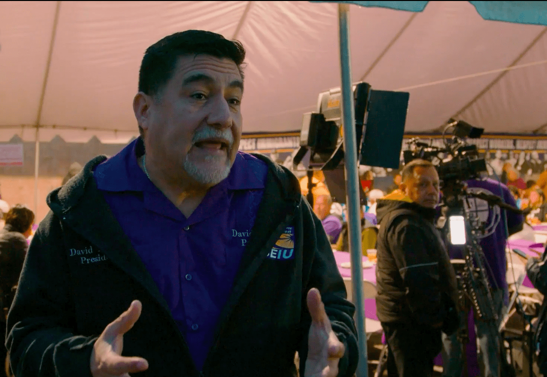 SEIU President David Huerta explains the need for workers to unite against Trump from Delano, CA on March 31, 2025. Still taken from video by Mel Buer