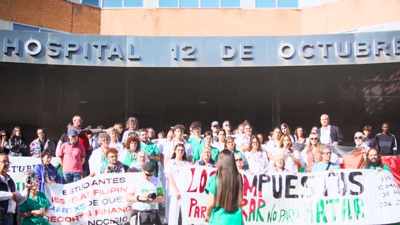 Healthcare workers affiliated with Spain's CGT strike in front of a hospital in Madrid, Spain on Friday, October 4, 2024. Screenshot from video by María Artigas